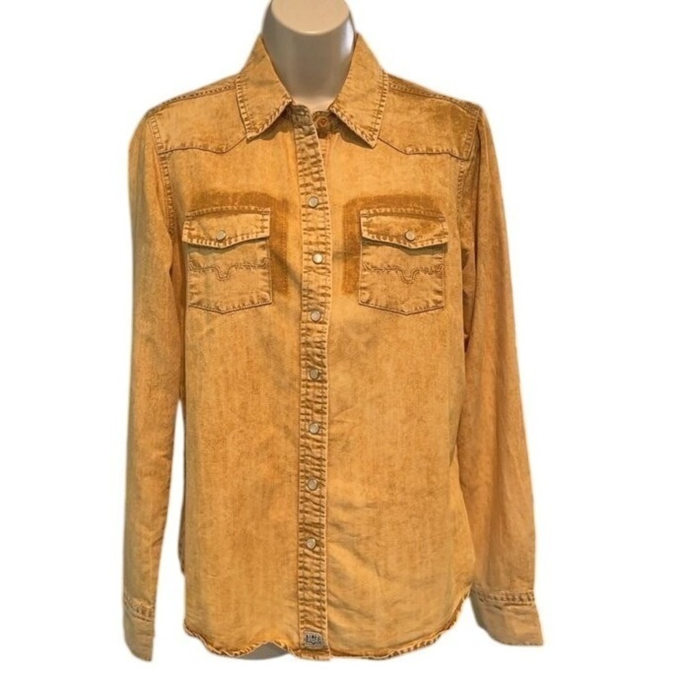 Kimes Ranch Womens Mustard Yellow Acid Wash Tencel Western Pearl Snap Shirt M